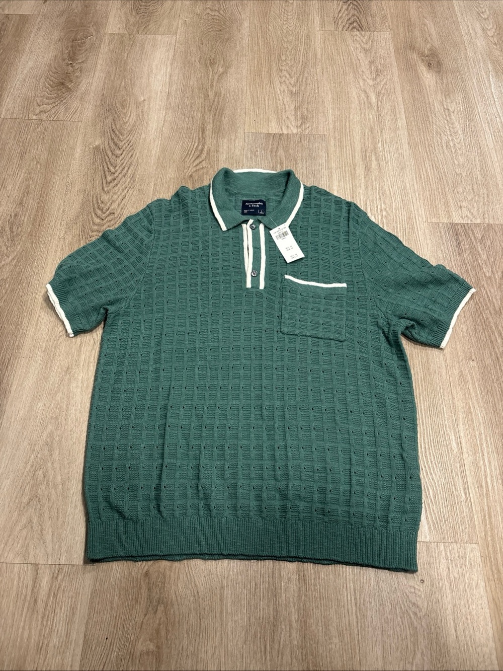 Abercrombie & Fitch Polo Shirt Mens Large Green Knit Pointelle Textured Pocket